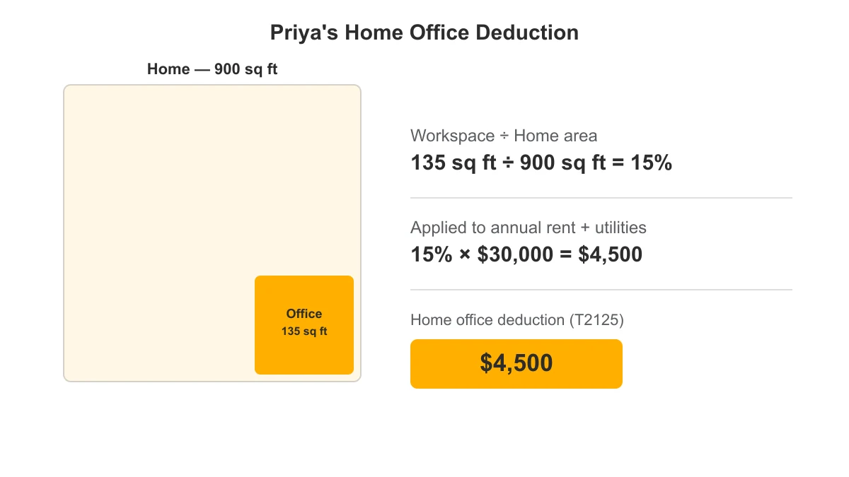 Diagram showing a home office deduction calculated as workspace square footage divided by total home square footage