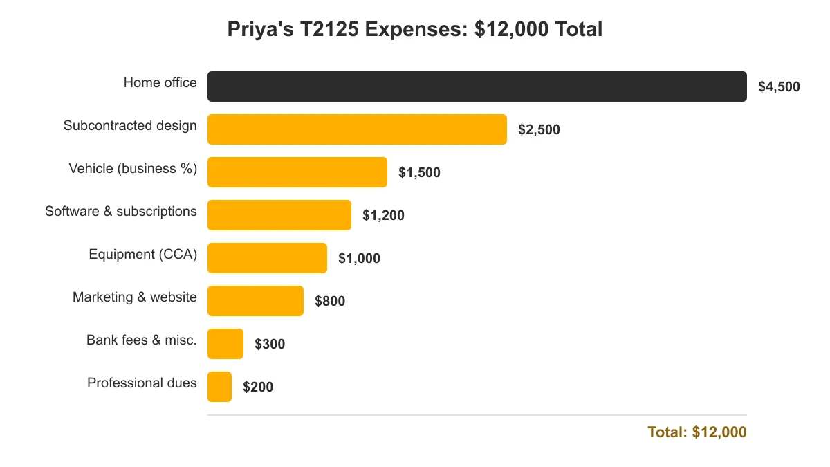 Bar chart of a freelance graphic designer's T2125 expense categories totaling $12,000